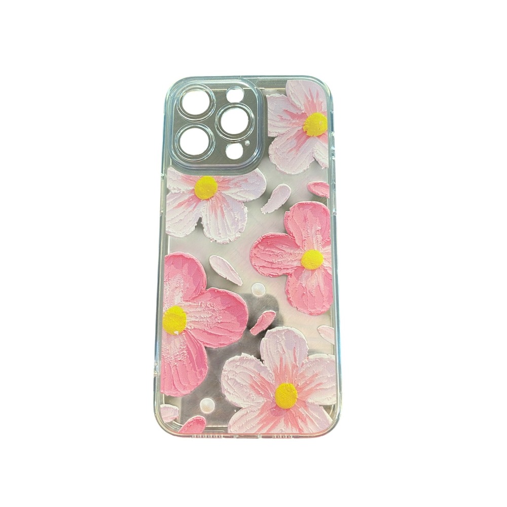 iPhone 16 Pro Case 3D Pink Floral Oil Painting Textured Clear Bumper Cover